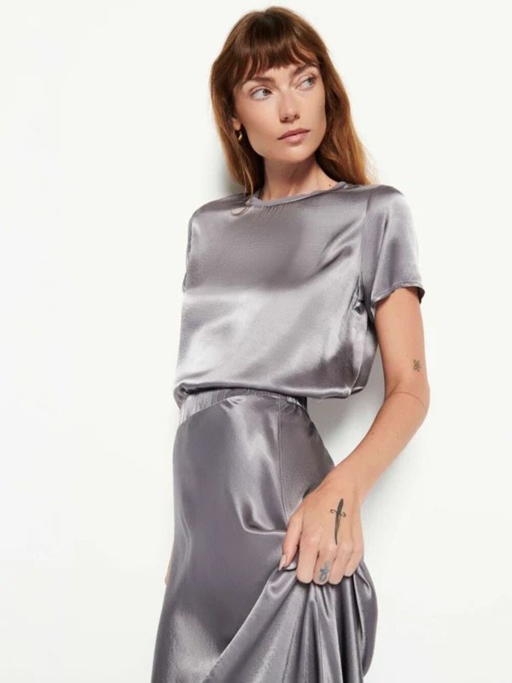 NWT Nation LTD Marie Boxy Satin Short Sleeve Blouse Top Size XS Gray Smoke